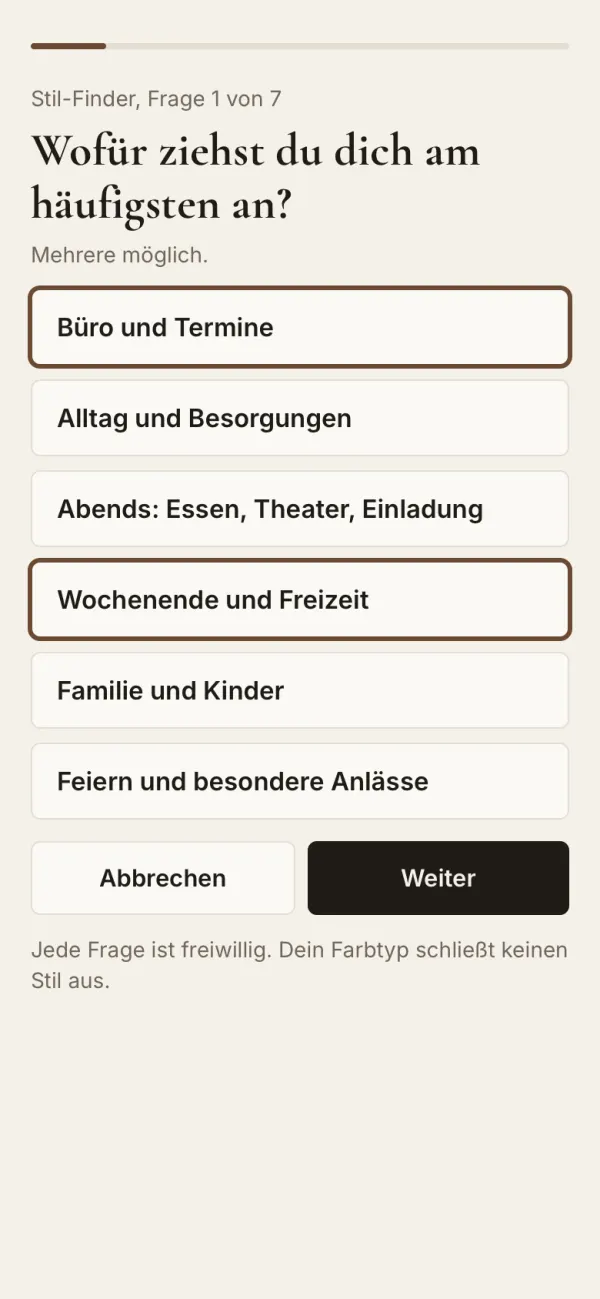 Bildschirm der App: Stil-Finder, Frage 1 von 7, wofür ziehst du dich am häufigsten an.